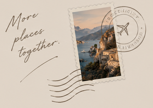 A coastal postage stamp and a handwritten note: More places together.